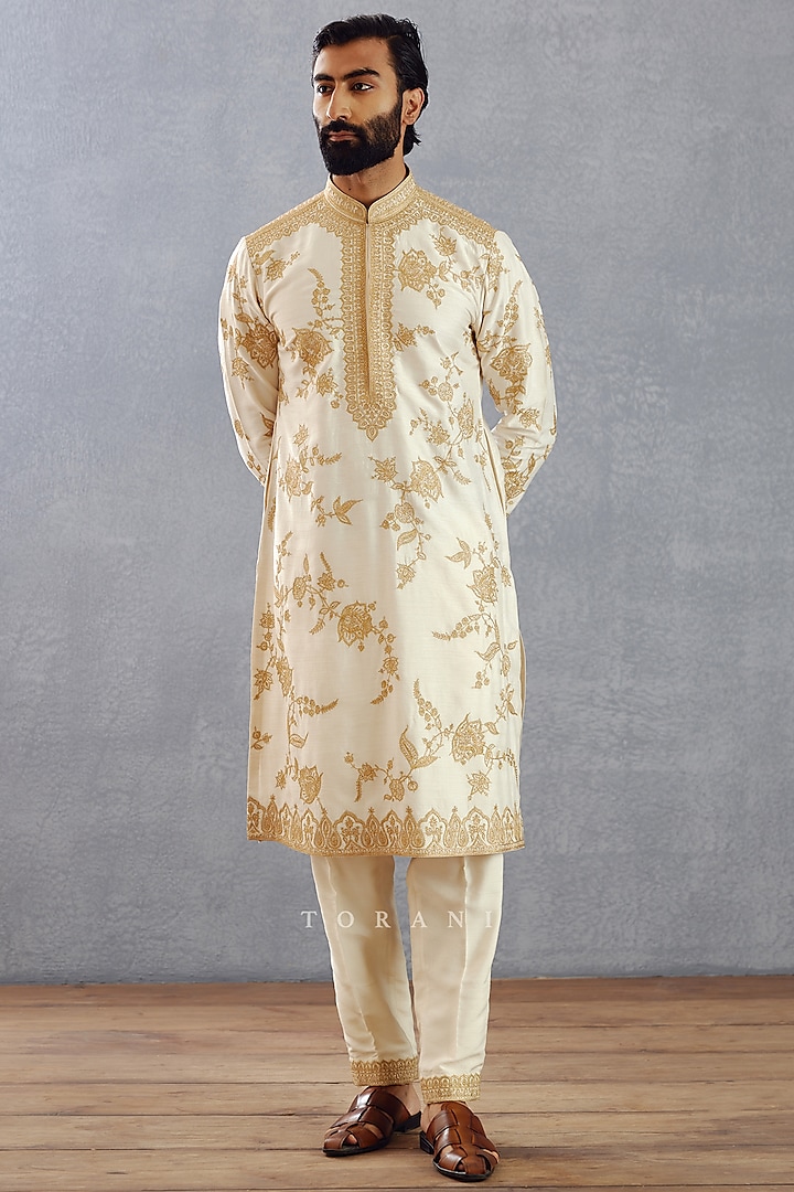 Jasmine White Viscose Raw Silk & Cotton Voile Aari Embroidered Kurta Set by Torani Men