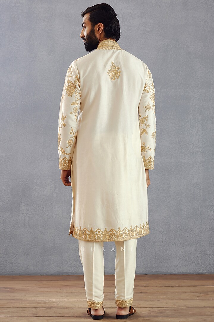 Jasmine White Viscose Raw Silk & Cotton Voile Aari Embroidered Kurta Set by Torani Men at Pernia's Pop Up Shop