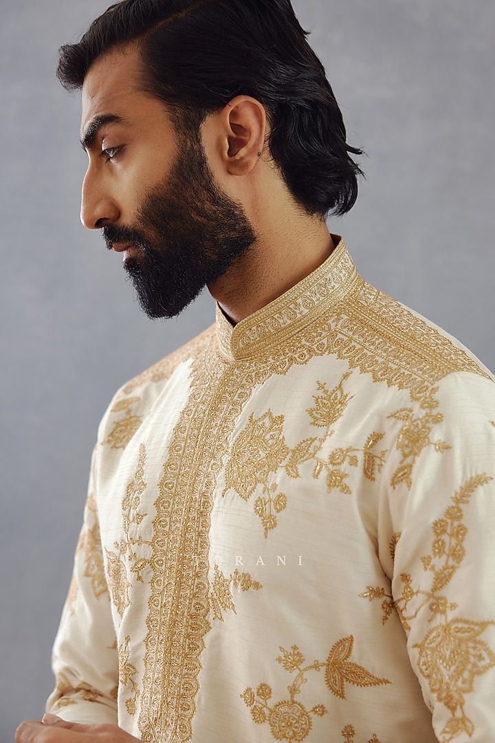 Jasmine White Viscose Raw Silk & Cotton Voile Aari Embroidered Kurta Set by Torani Men at Pernia's Pop Up Shop