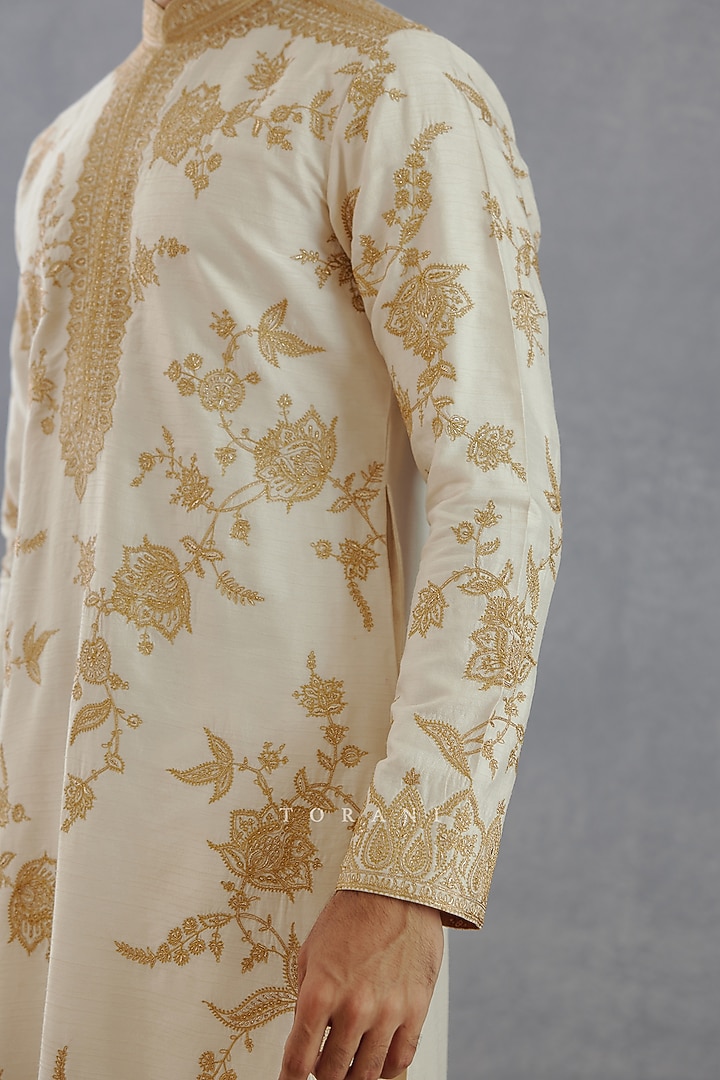 Jasmine White Viscose Raw Silk & Cotton Voile Aari Embroidered Kurta Set by Torani Men at Pernia's Pop Up Shop