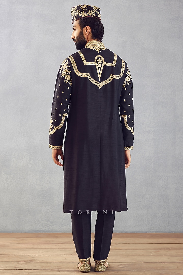 Jet Black Viscose Raw Silk & Cupro Silk Aari Embroidered Kurta Set by Torani Men at Pernia's Pop Up Shop