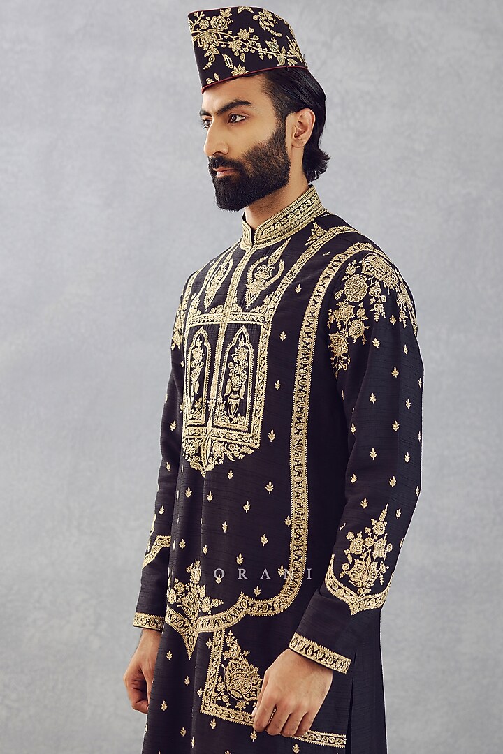 Jet Black Viscose Raw Silk & Cupro Silk Aari Embroidered Kurta Set by Torani Men at Pernia's Pop Up Shop
