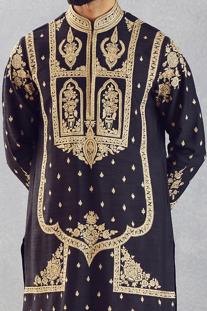 Jet Black Viscose Raw Silk & Cupro Silk Aari Embroidered Kurta Set by Torani Men at Pernia's Pop Up Shop
