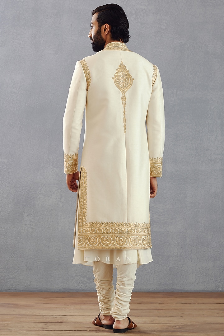 Jasmine White Viscose Raw Silk & Cotton Silk Hand Embroidered Groom Sherwani Set by Torani Men at Pernia's Pop Up Shop