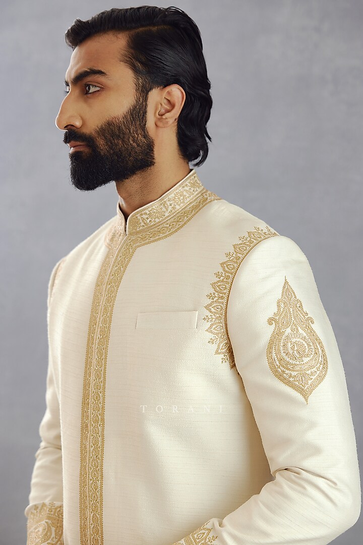 Jasmine White Viscose Raw Silk & Cotton Silk Hand Embroidered Groom Sherwani Set by Torani Men at Pernia's Pop Up Shop