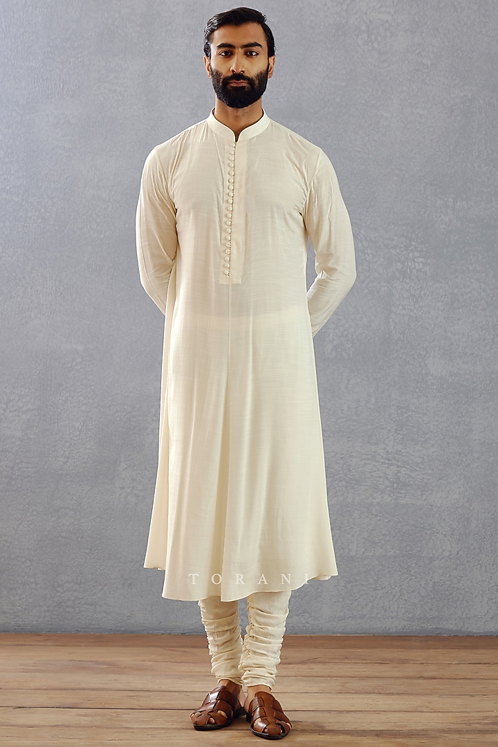 Jasmine White Viscose Raw Silk & Cotton Silk Hand Embroidered Groom Sherwani Set by Torani Men at Pernia's Pop Up Shop