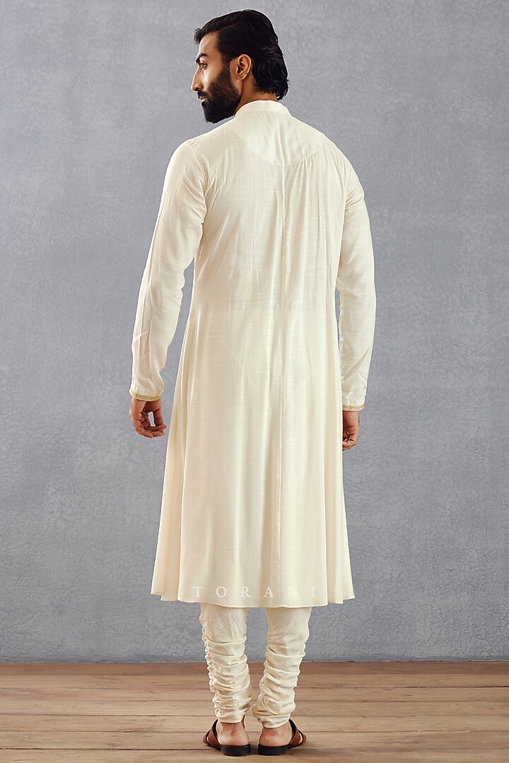 Jasmine White Viscose Raw Silk & Cotton Silk Hand Embroidered Groom Sherwani Set by Torani Men at Pernia's Pop Up Shop
