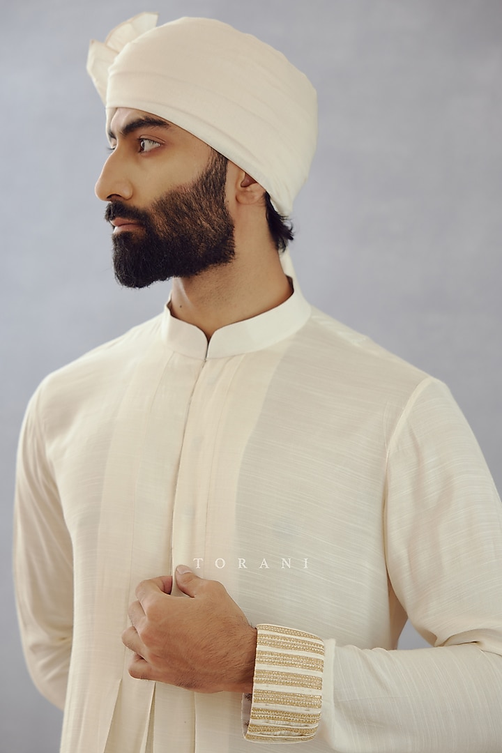 Jasmine White Slub Silk Hand Embroidered Groom Sherwani Set by Torani Men at Pernia's Pop Up Shop