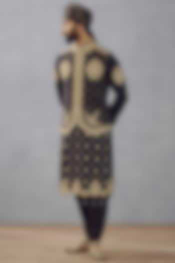 Jet Black Silk Embroidered Bundi Jacket With Kurta Set by Torani Men