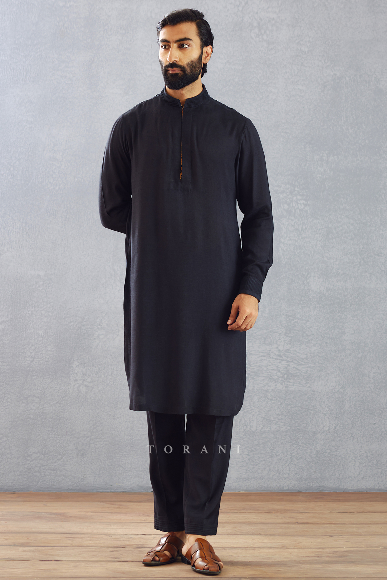 Jet Black Slub Silk Kurta Set by Torani Men