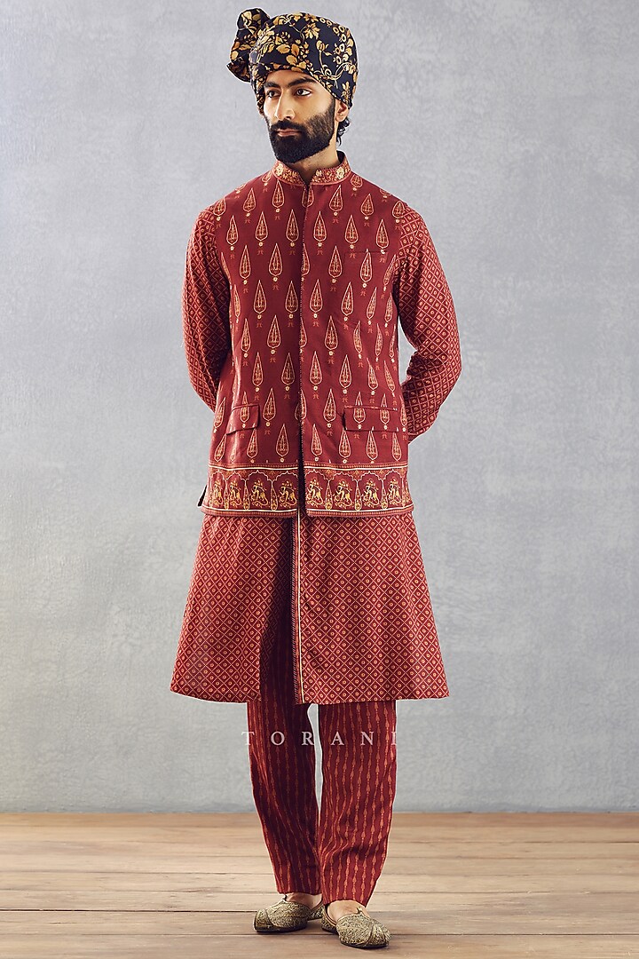 Burgundy Silk Printed Bundi Jacket With Kurta Set by Torani Men