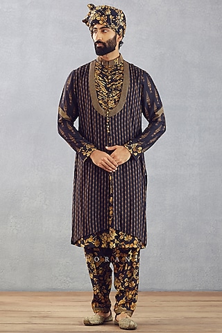 Jet Black Printed Kurta Set by Torani Men