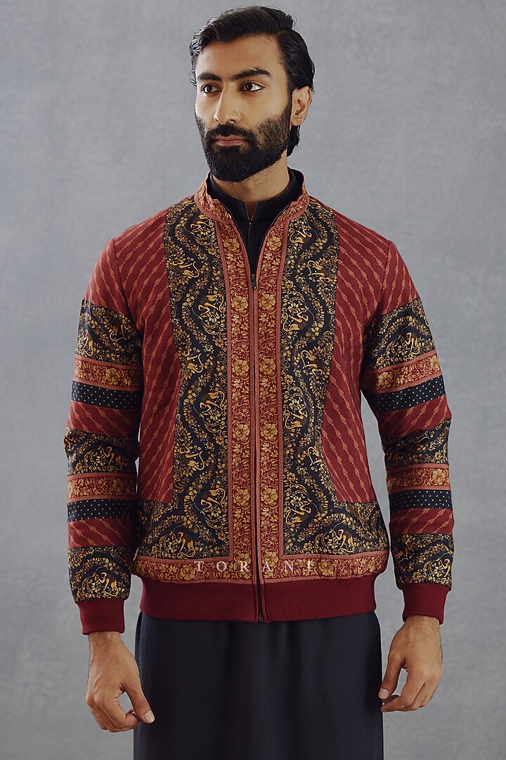 Burgundy Printed Bomber Jacket by Torani Men at Pernia's Pop Up Shop