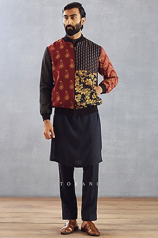 Burgundy Silk Printed Bomber Jacket by Torani Men