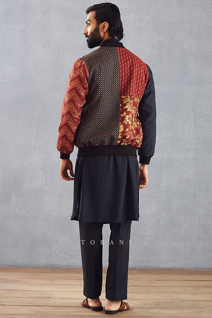 Burgundy Silk Printed Bomber Jacket by Torani Men at Pernia's Pop Up Shop