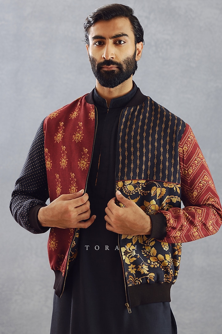 Burgundy Silk Printed Bomber Jacket by Torani Men at Pernia's Pop Up Shop