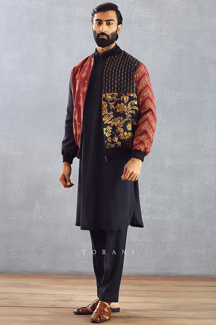 Burgundy Silk Printed Bomber Jacket by Torani Men at Pernia's Pop Up Shop