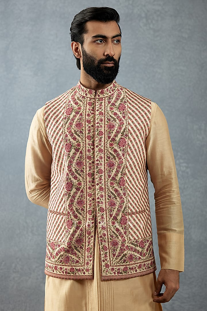 Beige Cotton Voile & Handwoven Chanderi Digital Printed Bundi Set by Torani Men at Pernia's Pop Up Shop
