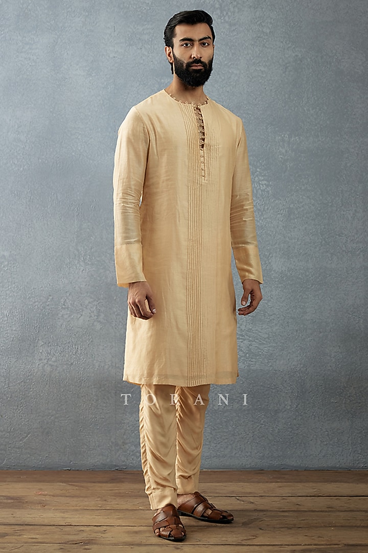 Beige Cotton Voile & Handwoven Chanderi Digital Printed Bundi Set by Torani Men at Pernia's Pop Up Shop