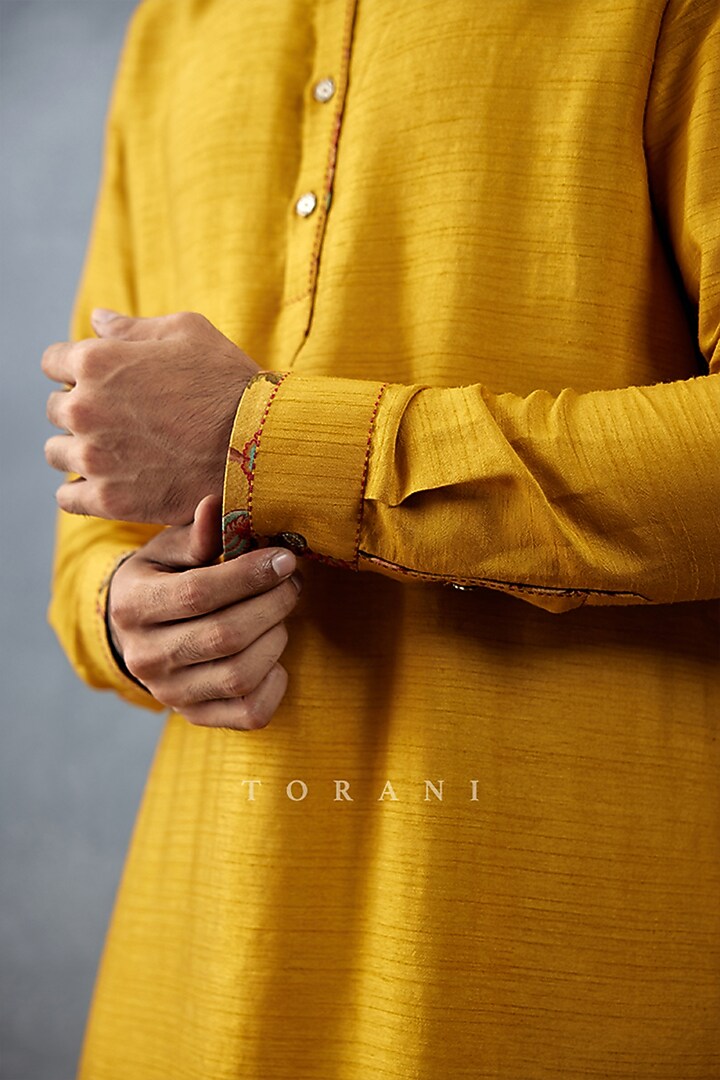 Yellow Cotton Voile & Handwoven Chanderi Digital Printed Bundi Set by Torani Men at Pernia's Pop Up Shop