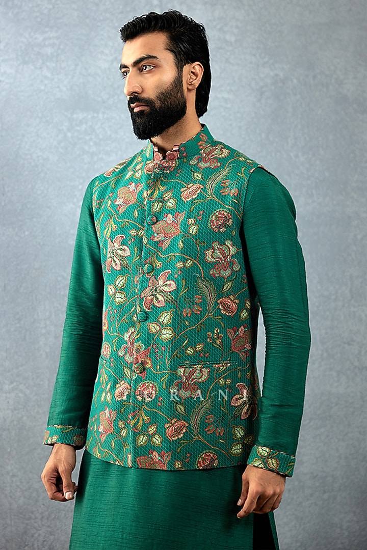Green Cotton Voile & Handwoven Chanderi Digital Printed Bundi Set by Torani Men at Pernia's Pop Up Shop