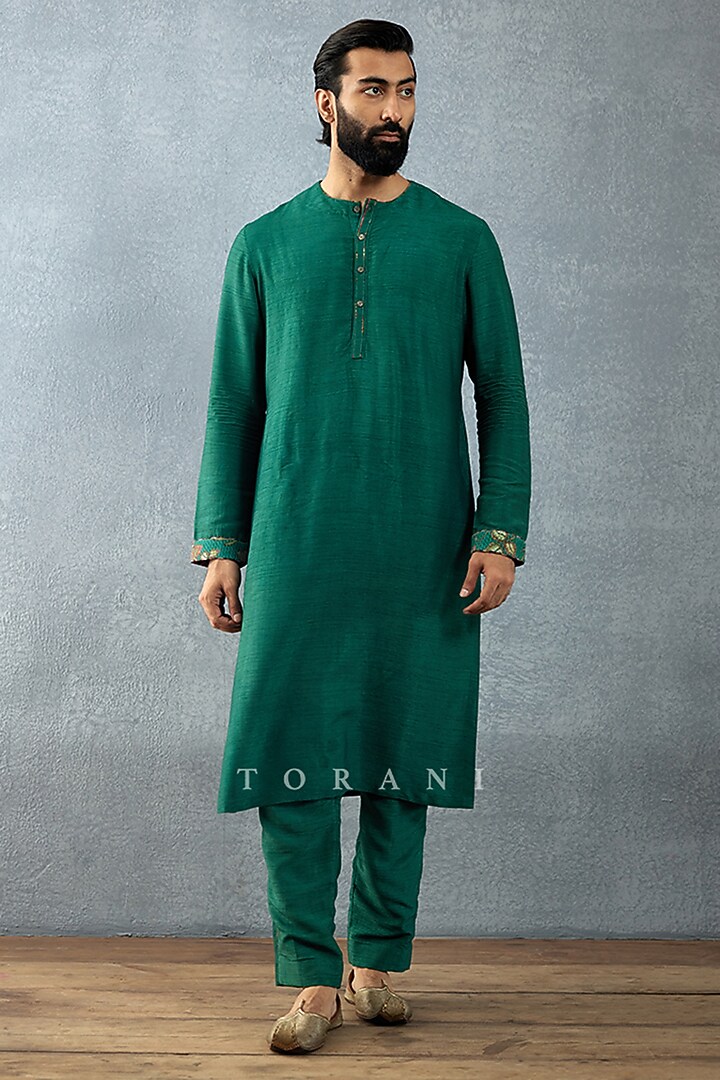Green Cotton Voile & Handwoven Chanderi Digital Printed Bundi Set by Torani Men at Pernia's Pop Up Shop