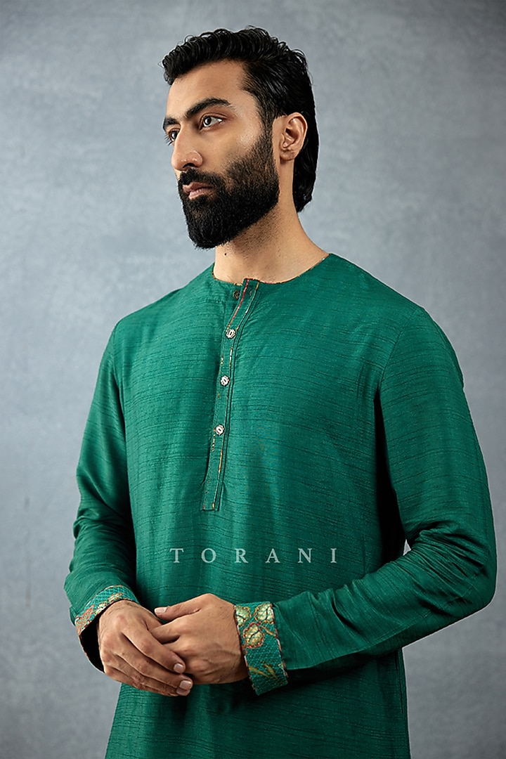 Green Cotton Voile & Handwoven Chanderi Digital Printed Bundi Set by Torani Men at Pernia's Pop Up Shop