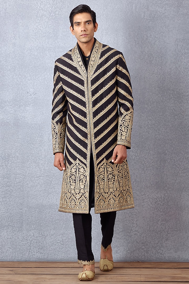 Black Cotton Silk & Raw Silk Hand Embroidered Groom Sherwani Set by Torani Men at Pernia's Pop Up Shop