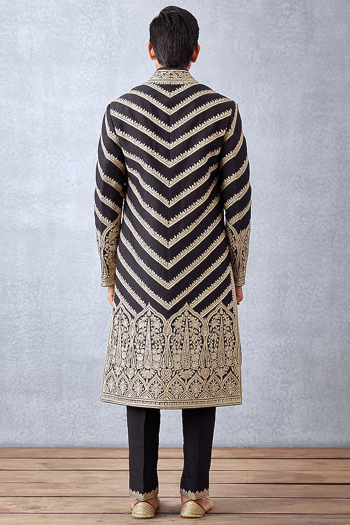 Black Cotton Silk & Raw Silk Hand Embroidered Groom Sherwani Set by Torani Men at Pernia's Pop Up Shop