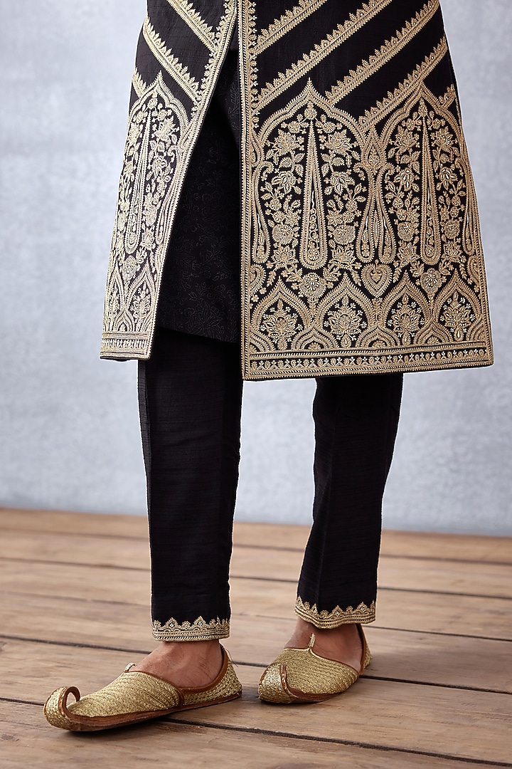 Black Cotton Silk & Raw Silk Hand Embroidered Groom Sherwani Set by Torani Men at Pernia's Pop Up Shop