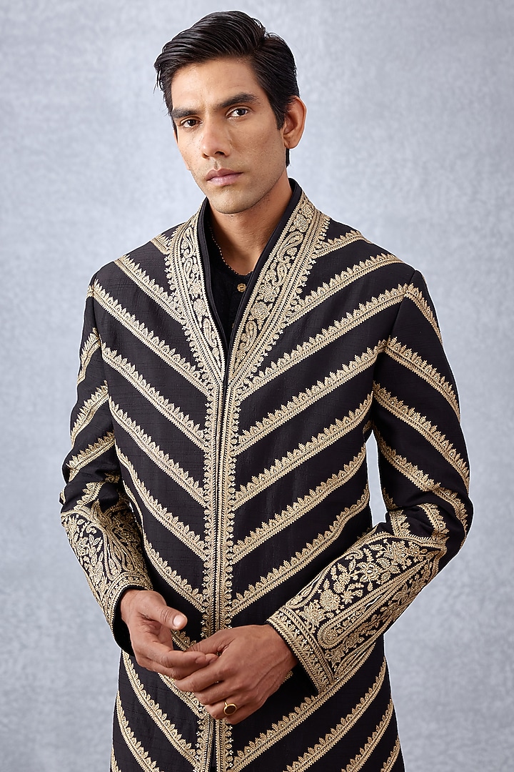 Black Cotton Silk & Raw Silk Hand Embroidered Groom Sherwani Set by Torani Men at Pernia's Pop Up Shop