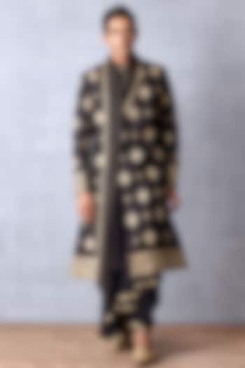 Black Cotton Silk & Slub Silk Hand Embroidered Groom Sherwani Set by Torani Men at Pernia's Pop Up Shop