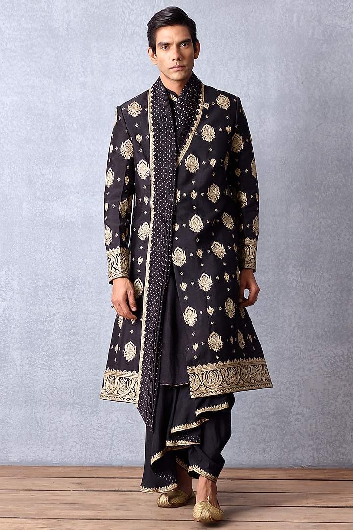 Black Cotton Silk & Slub Silk Hand Embroidered Groom Sherwani Set by Torani Men at Pernia's Pop Up Shop