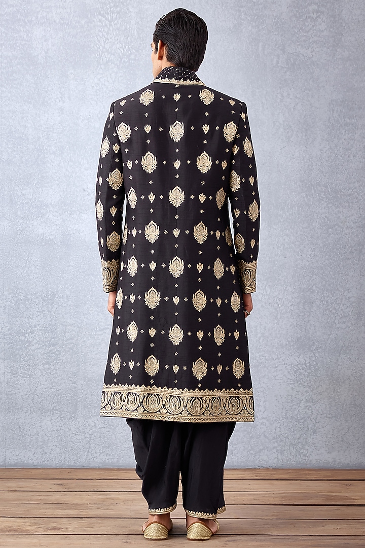 Black Cotton Silk & Slub Silk Hand Embroidered Groom Sherwani Set by Torani Men at Pernia's Pop Up Shop