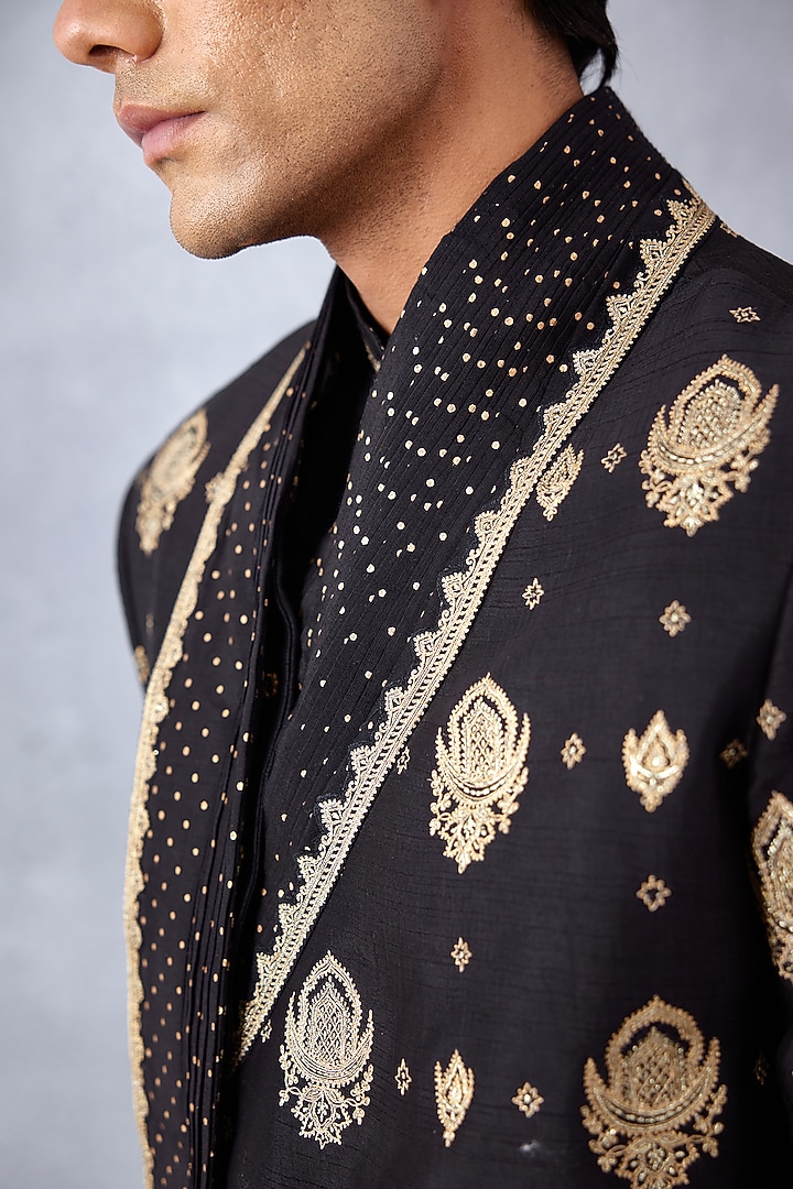 Black Cotton Silk & Slub Silk Hand Embroidered Groom Sherwani Set by Torani Men at Pernia's Pop Up Shop