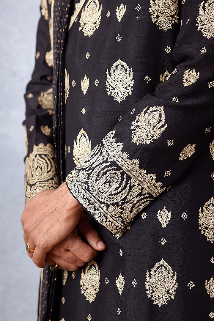 Black Cotton Silk & Slub Silk Hand Embroidered Groom Sherwani Set by Torani Men at Pernia's Pop Up Shop