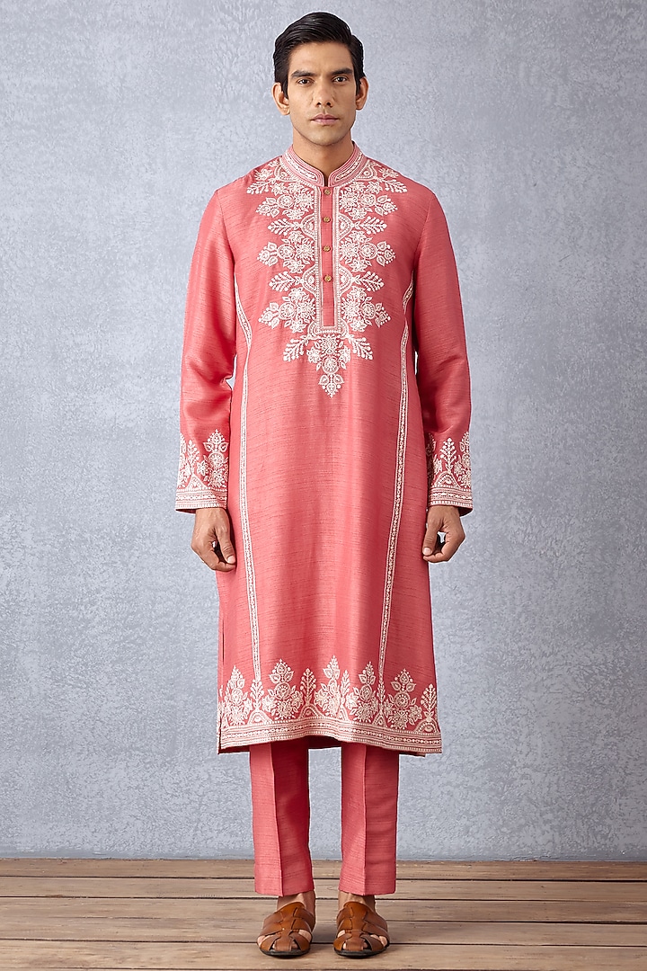 Pink Cotton Voile & Handwoven Chanderi Aari Embroidered Kurta Set by Torani Men at Pernia's Pop Up Shop