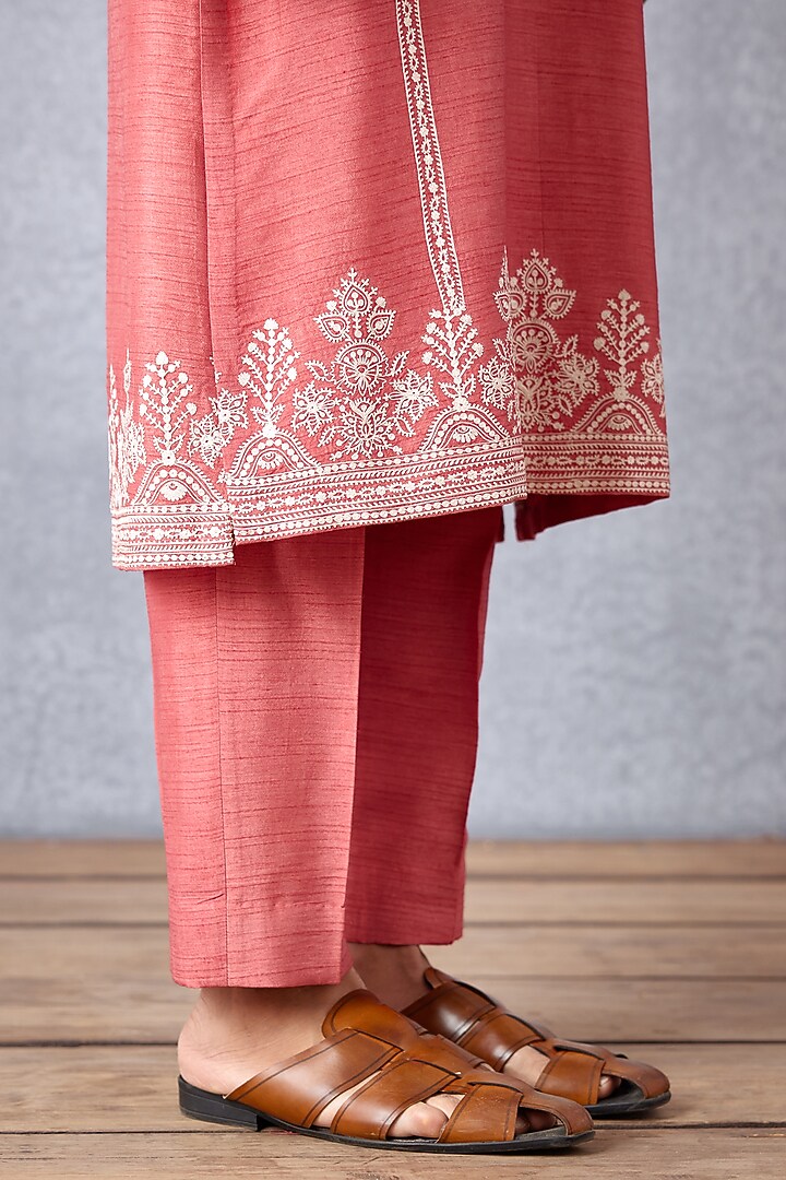 Pink Cotton Voile & Handwoven Chanderi Aari Embroidered Kurta Set by Torani Men at Pernia's Pop Up Shop