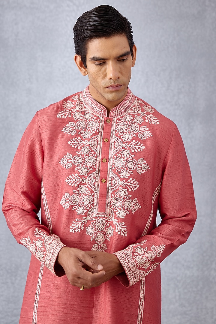 Pink Cotton Voile & Handwoven Chanderi Aari Embroidered Kurta Set by Torani Men at Pernia's Pop Up Shop