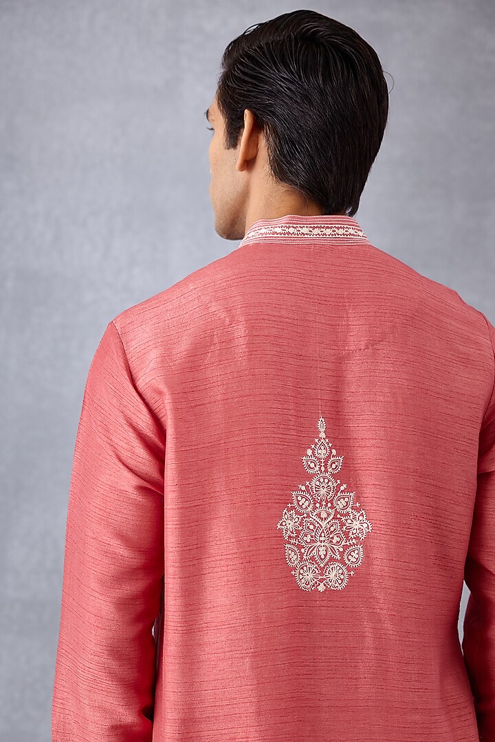 Pink Cotton Voile & Handwoven Chanderi Aari Embroidered Kurta Set by Torani Men at Pernia's Pop Up Shop