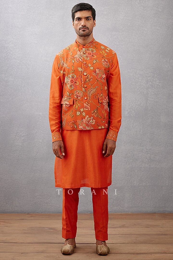 Orange Cotton Silk & Raw Silk Hand Block Printed Bundi Set by Torani Men