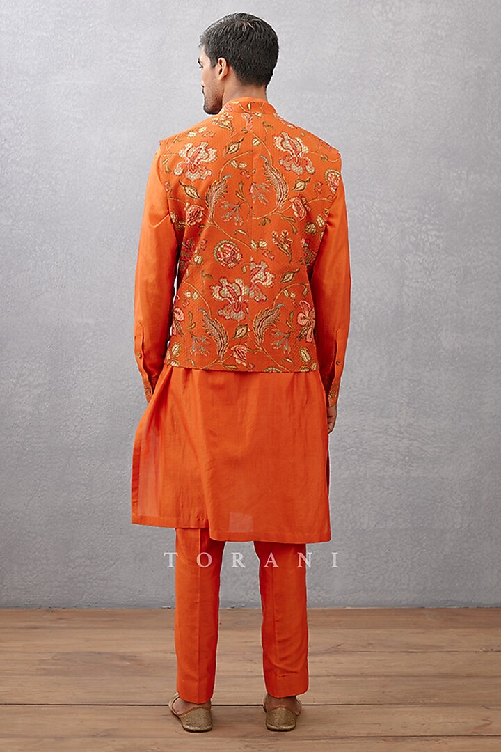 Orange Cotton Silk & Raw Silk Hand Block Printed Bundi Set by Torani Men at Pernia's Pop Up Shop