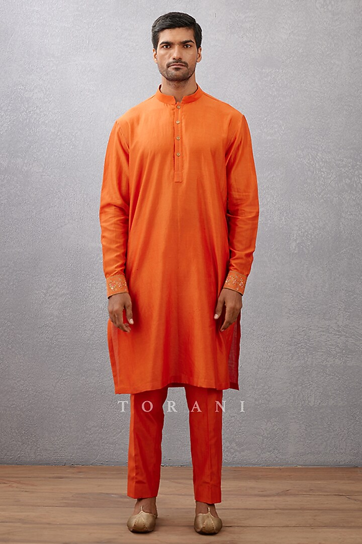 Orange Cotton Silk & Raw Silk Hand Block Printed Bundi Set by Torani Men at Pernia's Pop Up Shop