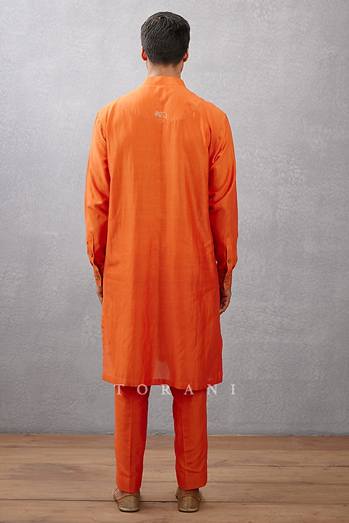 Orange Cotton Silk & Raw Silk Hand Block Printed Bundi Set by Torani Men at Pernia's Pop Up Shop