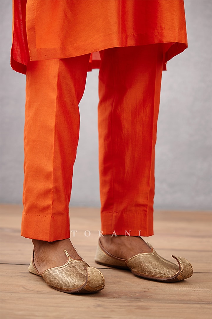 Orange Cotton Silk & Raw Silk Hand Block Printed Bundi Set by Torani Men at Pernia's Pop Up Shop