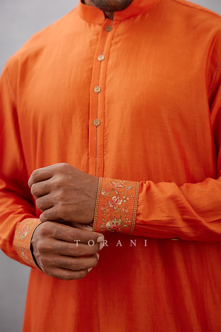 Orange Cotton Silk & Raw Silk Hand Block Printed Bundi Set by Torani Men at Pernia's Pop Up Shop