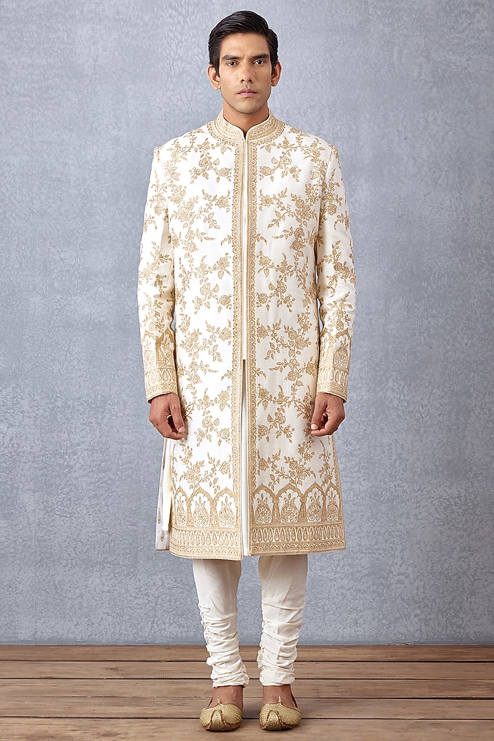 Ivory Slub Silk & Cotton Silk Hand Embroidered Groom Sherwani Set by Torani Men at Pernia's Pop Up Shop
