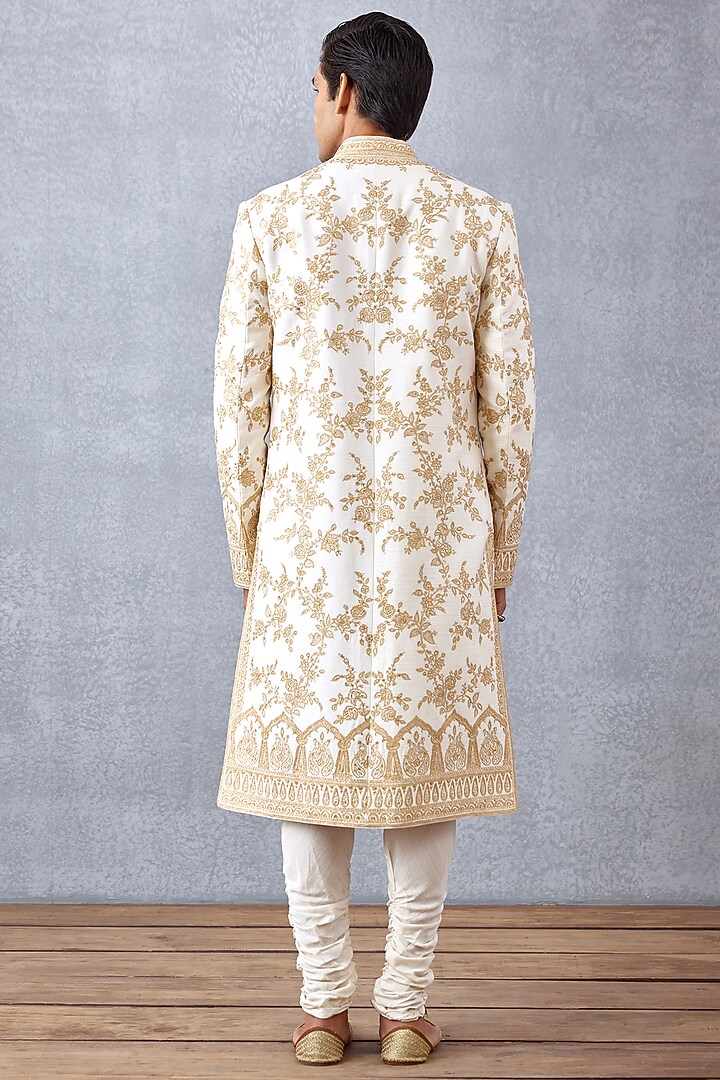 Ivory Slub Silk & Cotton Silk Hand Embroidered Groom Sherwani Set by Torani Men at Pernia's Pop Up Shop