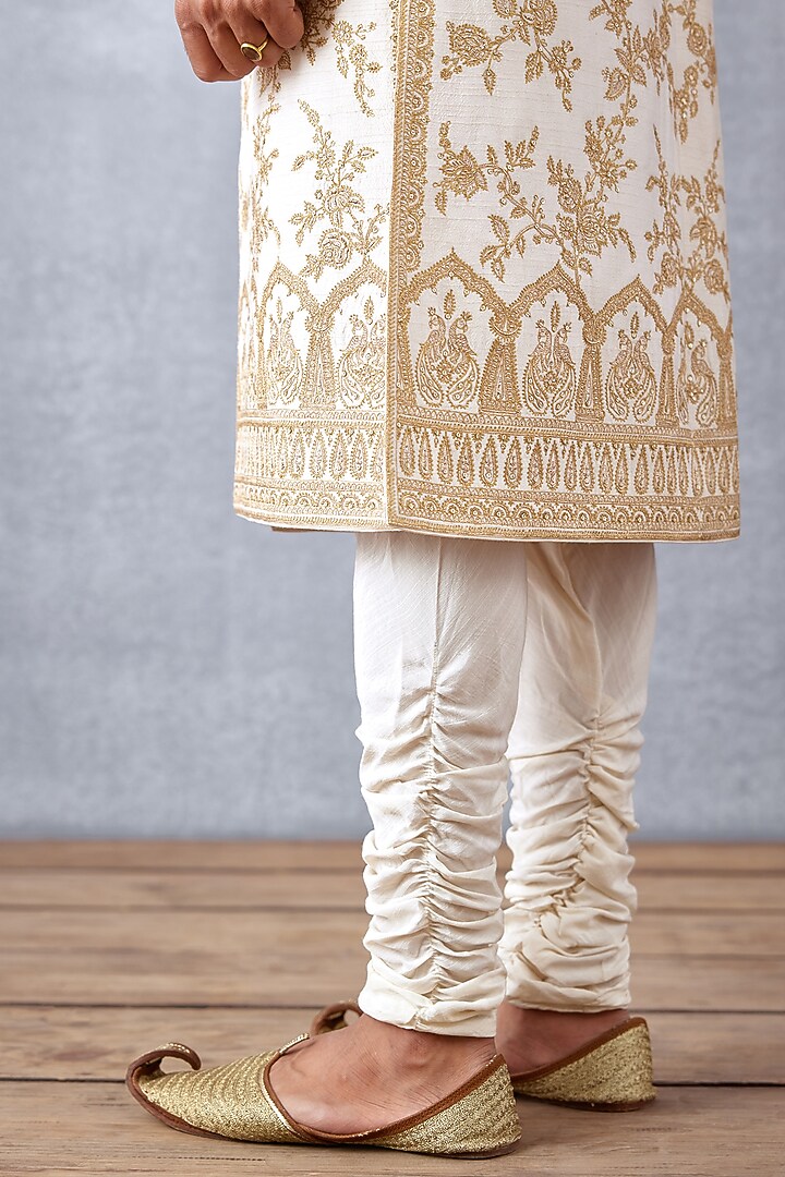 Ivory Slub Silk & Cotton Silk Hand Embroidered Groom Sherwani Set by Torani Men at Pernia's Pop Up Shop