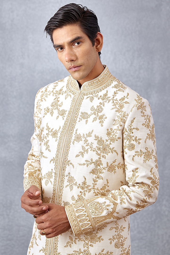 Ivory Slub Silk & Cotton Silk Hand Embroidered Groom Sherwani Set by Torani Men at Pernia's Pop Up Shop